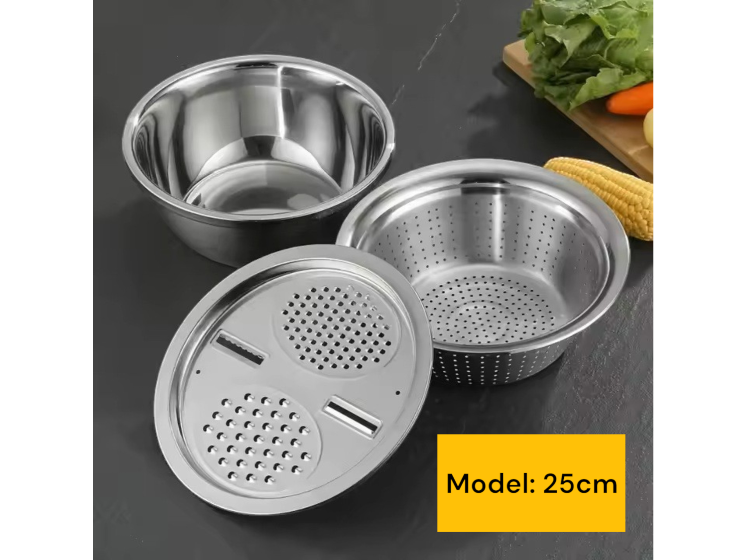 Çok Fonksiyonlu Çelik Rende Süzgeç ve Yoğurma Kabı 3 lü Set 25CM